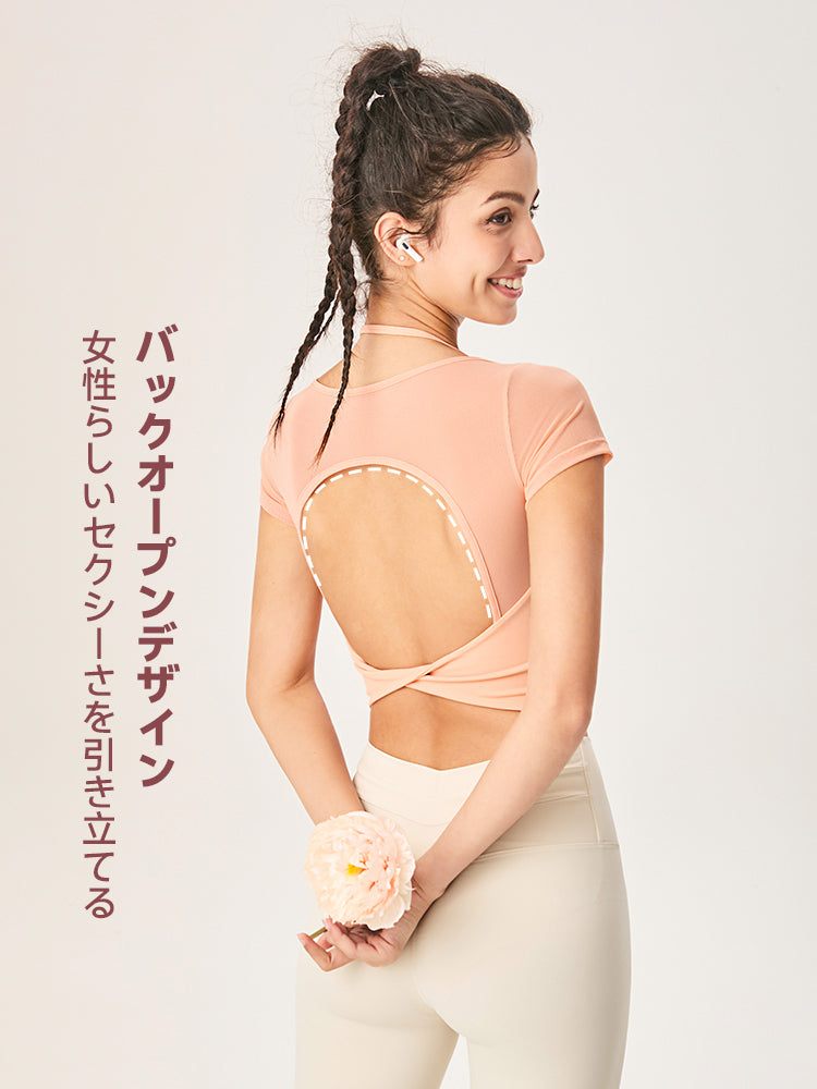 フェイクレイヤード 半袖 ブラパッド付き 背中開き