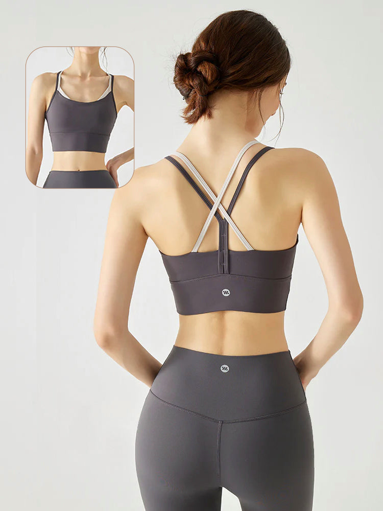 背中見せ 抗菌素材 レイヤード風 配色スポーツブラ