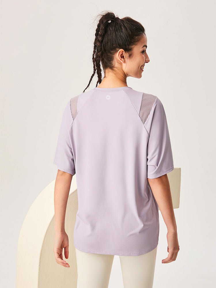 ゆったり ロング丈 半袖Tシャツ メッシュ切り替え