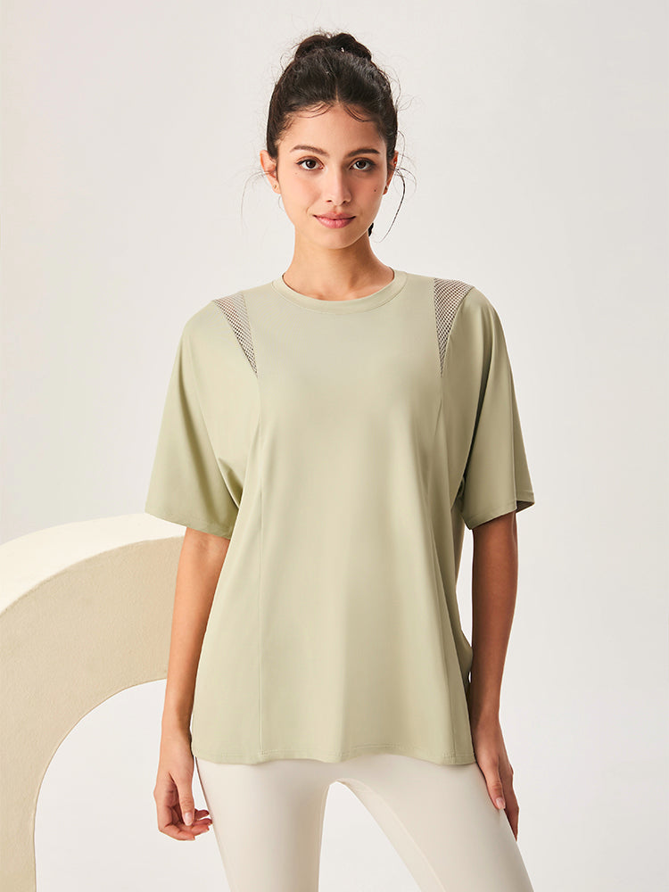 ゆったり ロング丈 半袖Tシャツ メッシュ切り替え