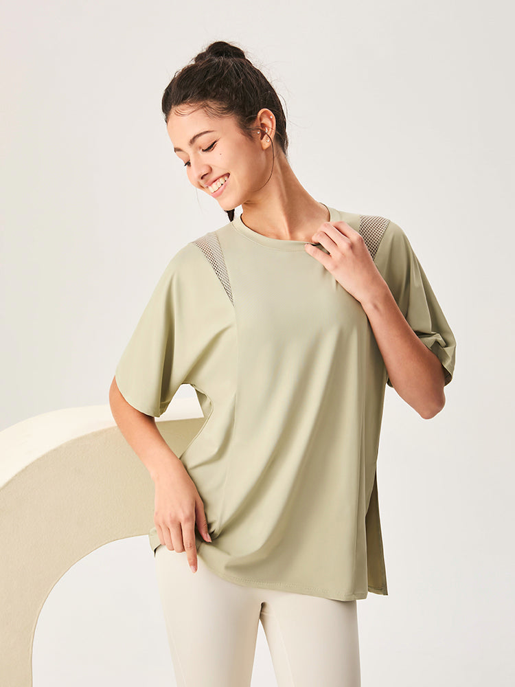 ゆったり ロング丈 半袖Tシャツ メッシュ切り替え