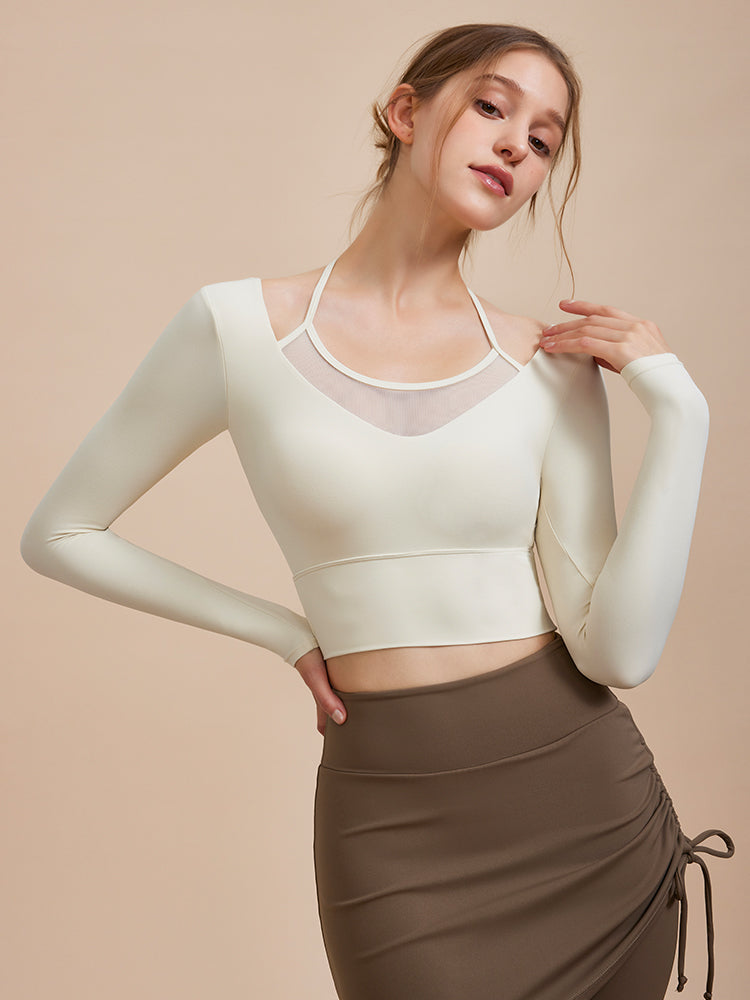 メッシュ切り替え フェイクレイヤード ブラトップ 長袖