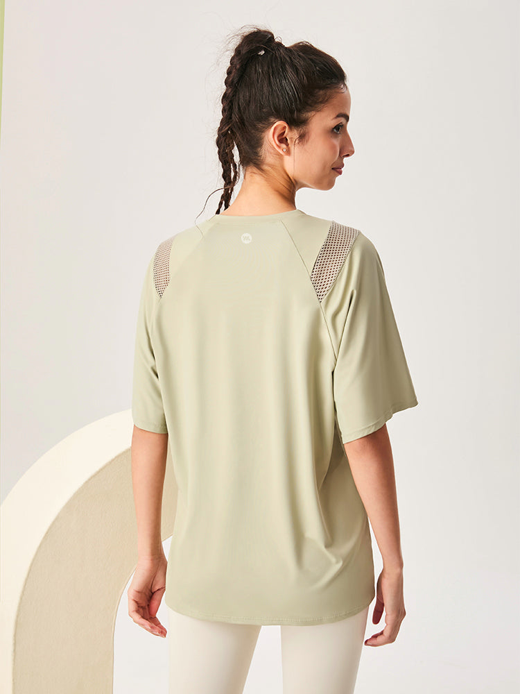 ゆったり ロング丈 半袖Tシャツ メッシュ切り替え