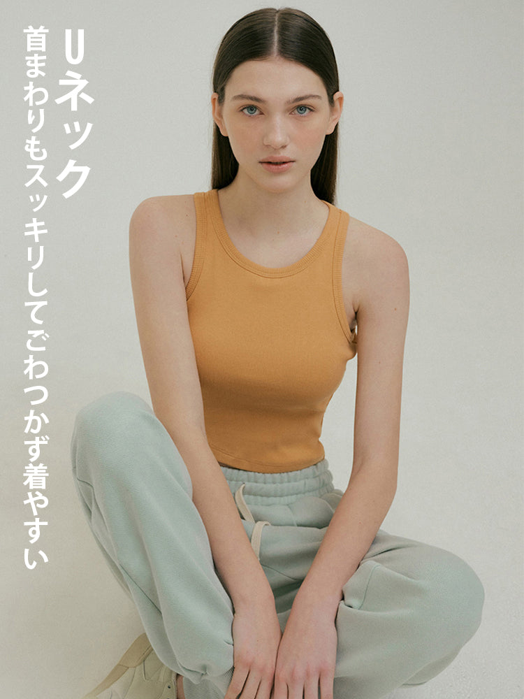 リブ Uネック タンクトップ パッド付き 裾交差