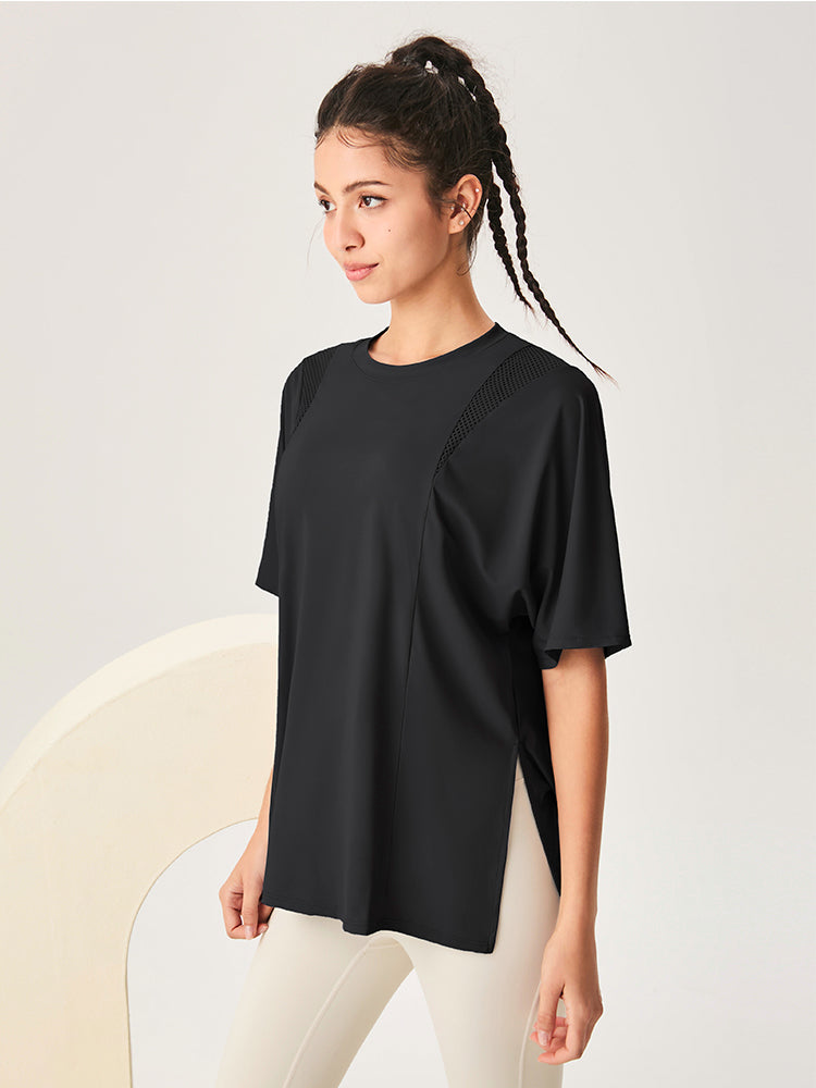 ゆったり ロング丈 半袖Tシャツ メッシュ切り替え