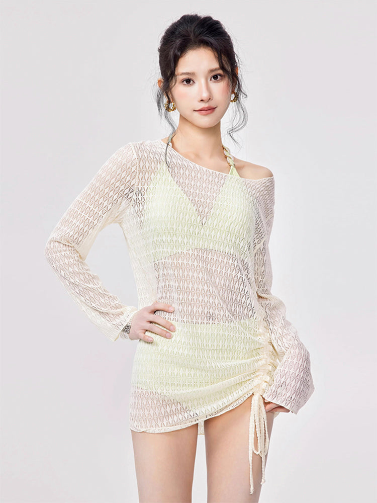 DKNY ウエスト細身効果! サイドシームシャーリング 水着 サテンシャーリングハイウエストビキニ(グリーン) | レディース
