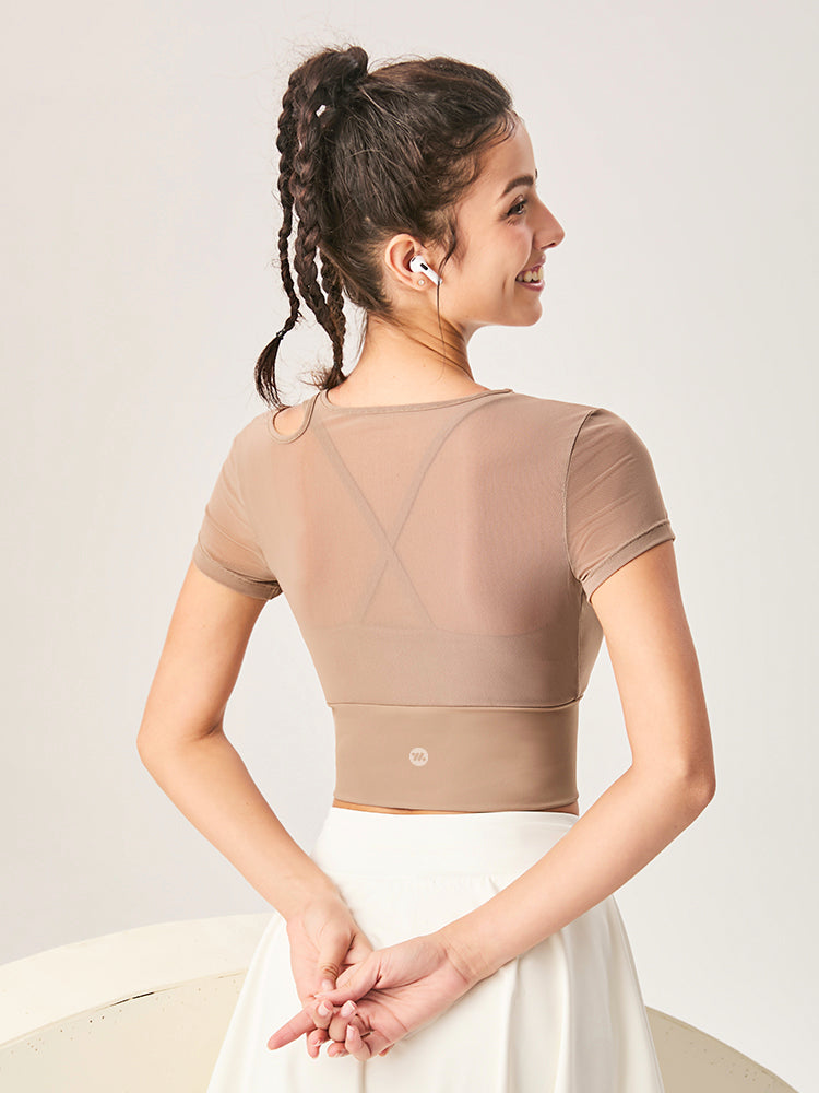 アシンメトリー 半袖 メッシュ切り替え ブラパッド付き フェイクレイヤード