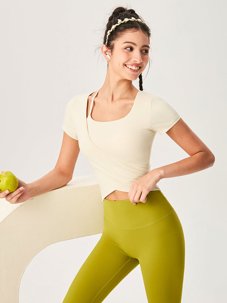 裾交差 アシンメトリー 半袖Tシャツ パッド付き