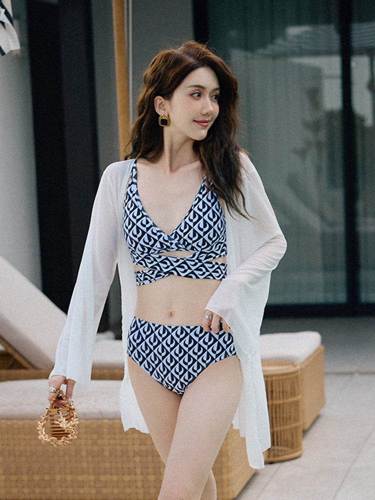 クロスバンド   ロングアウター付き  セパレート ビキニ水着3点セット  体型カバー  ノンワイヤー