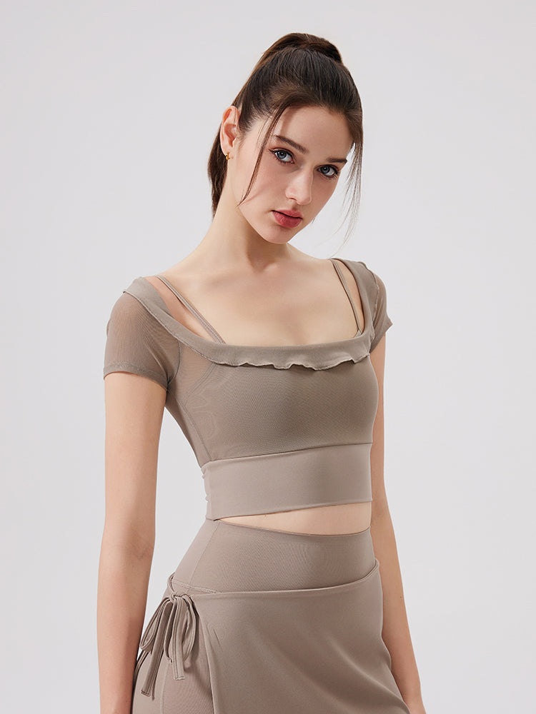 フェイクレイヤード メッシュ切り替え 半袖 パッド付き オフショルダー