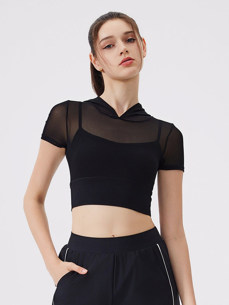 メッシュ切り替え フェイクレイヤード ブラトップ 半袖 フード付き