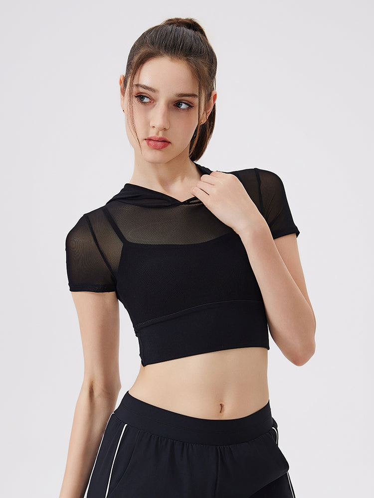 メッシュ切り替え フェイクレイヤード ブラトップ 半袖 フード付き