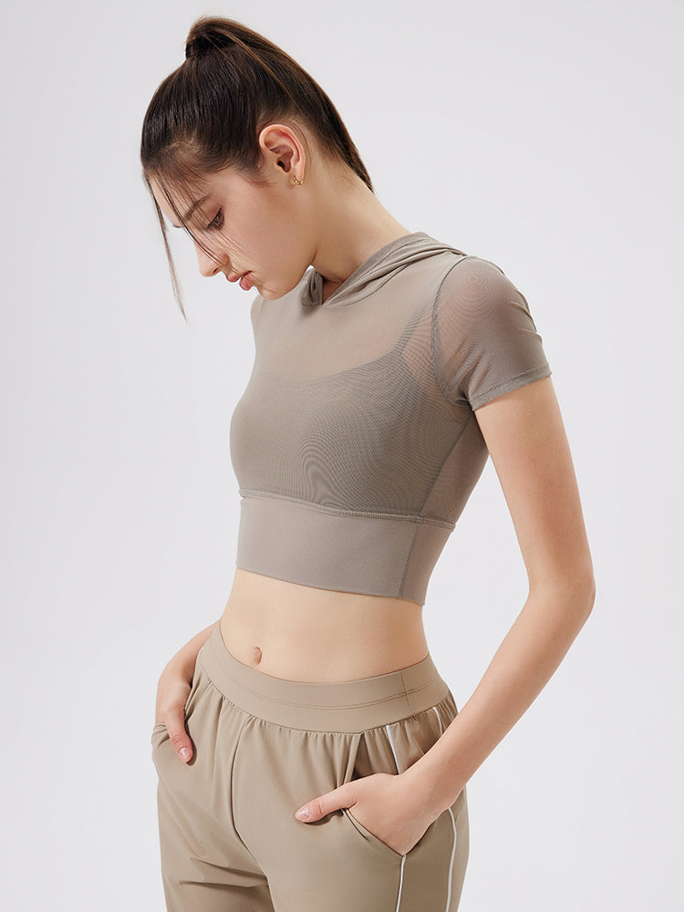 メッシュ切り替え フェイクレイヤード ブラトップ 半袖 フード付き