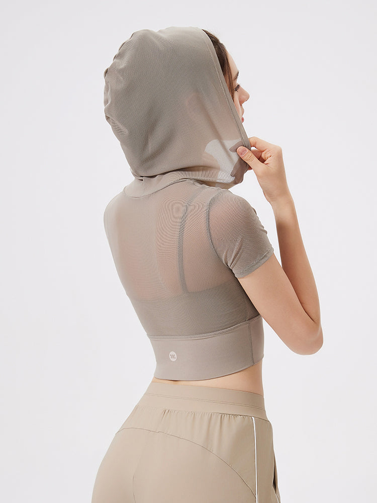 メッシュ切り替え フェイクレイヤード ブラトップ 半袖 フード付き