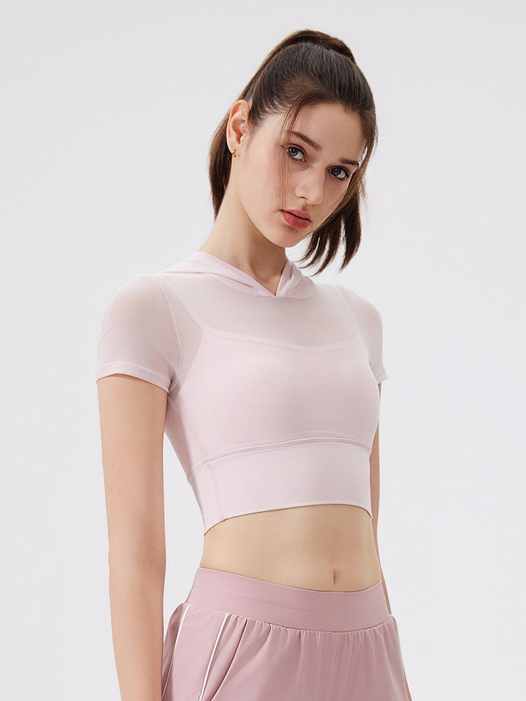 メッシュ切り替え フェイクレイヤード ブラトップ 半袖 フード付き