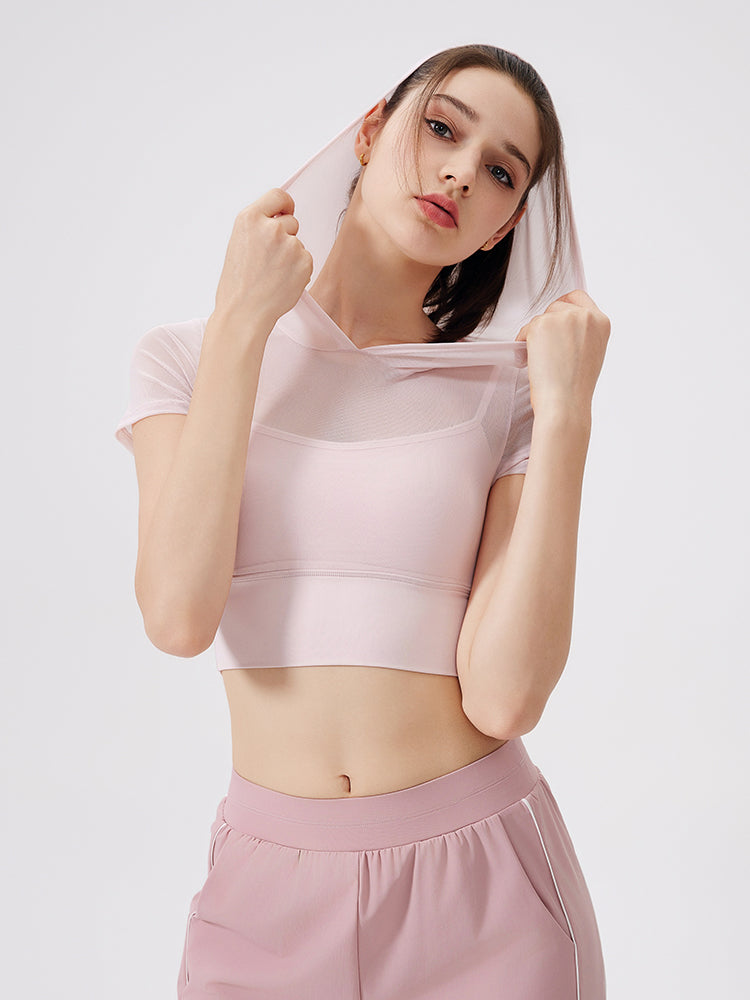 メッシュ切り替え フェイクレイヤード ブラトップ 半袖 フード付き