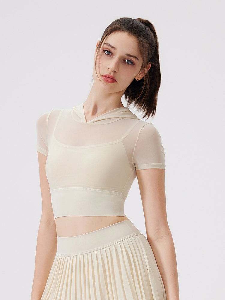 メッシュ切り替え フェイクレイヤード ブラトップ 半袖 フード付き