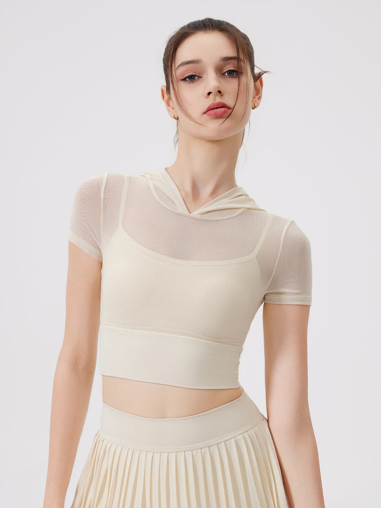 メッシュ切り替え フェイクレイヤード ブラトップ 半袖 フード付き