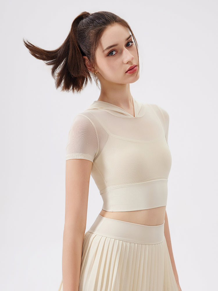 メッシュ切り替え フェイクレイヤード ブラトップ 半袖 フード付き