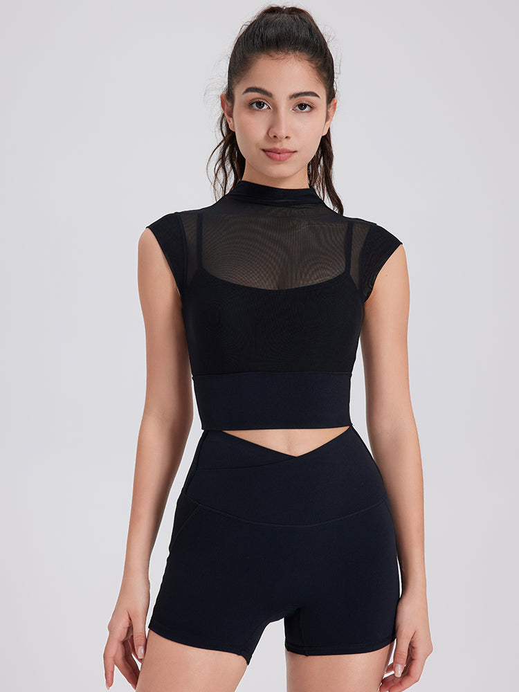 メッシュ 通気性 フェイクレイヤード パッド付き ブラトップ