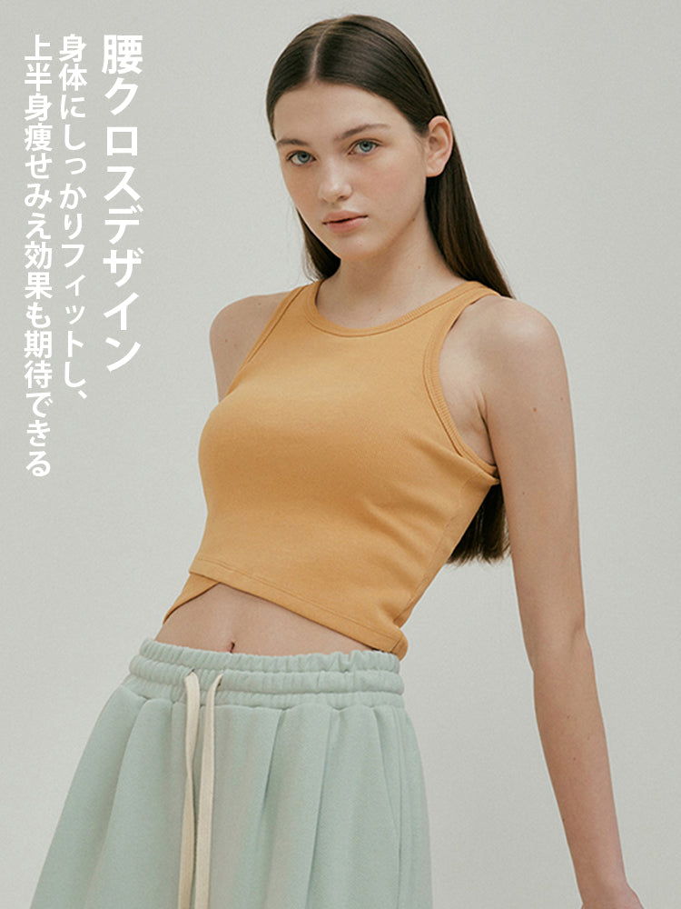 リブ Uネック タンクトップ パッド付き 裾交差
