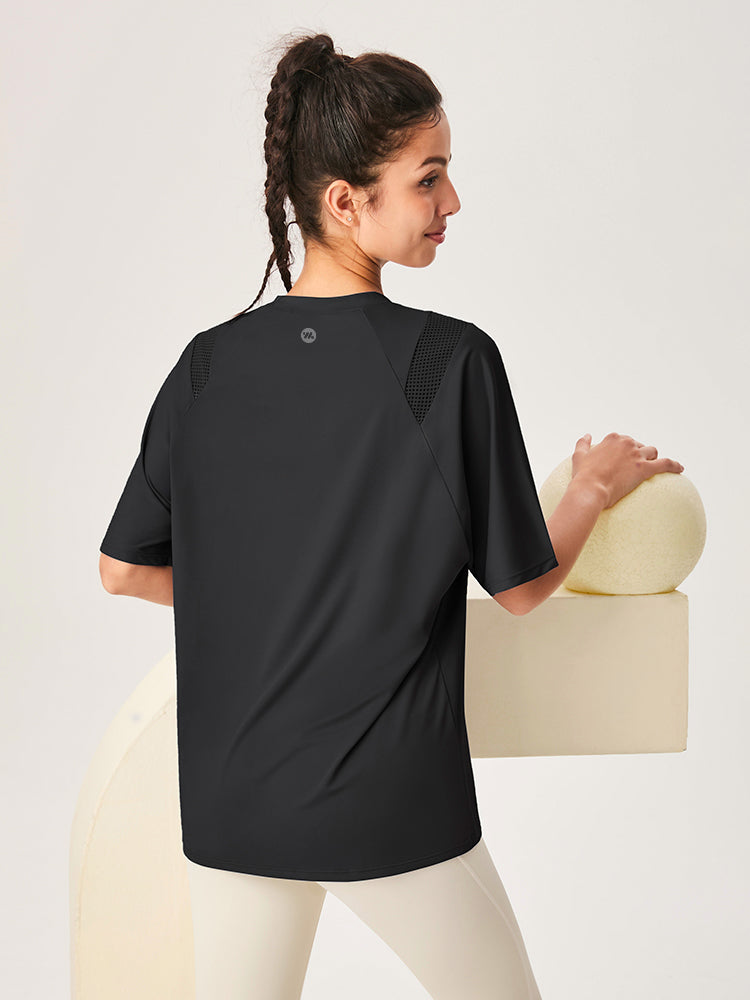 ゆったり ロング丈 半袖Tシャツ メッシュ切り替え