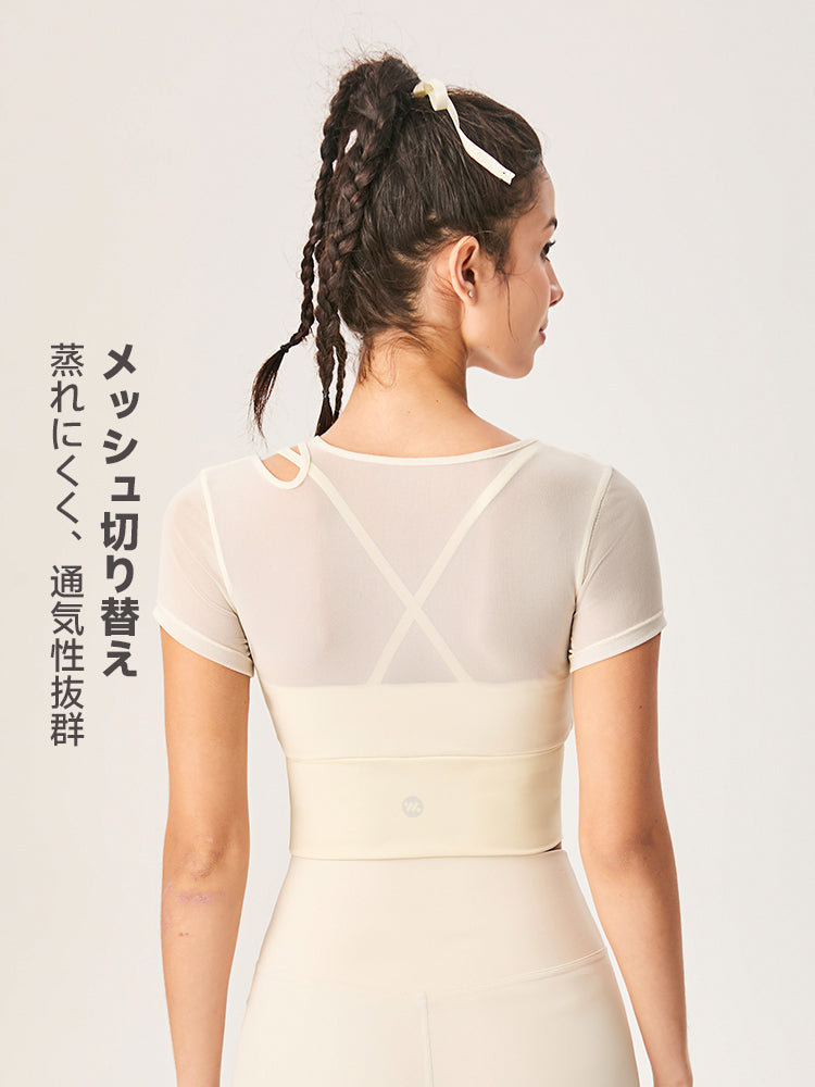 アシンメトリー 半袖 メッシュ切り替え ブラパッド付き フェイクレイヤード