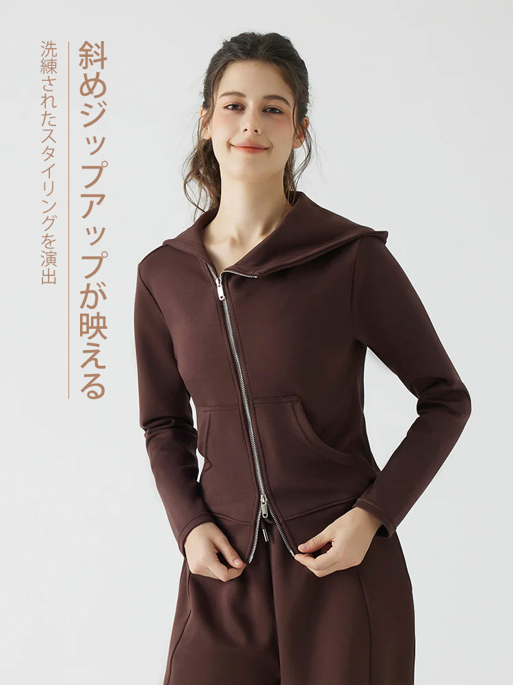 秋冬 ゆったり フード付き 斜めジップパーカ