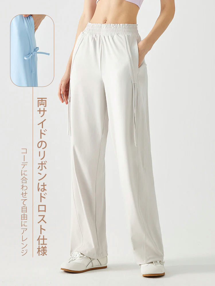 吸湿速乾 リボン ストレート ワイドパンツ