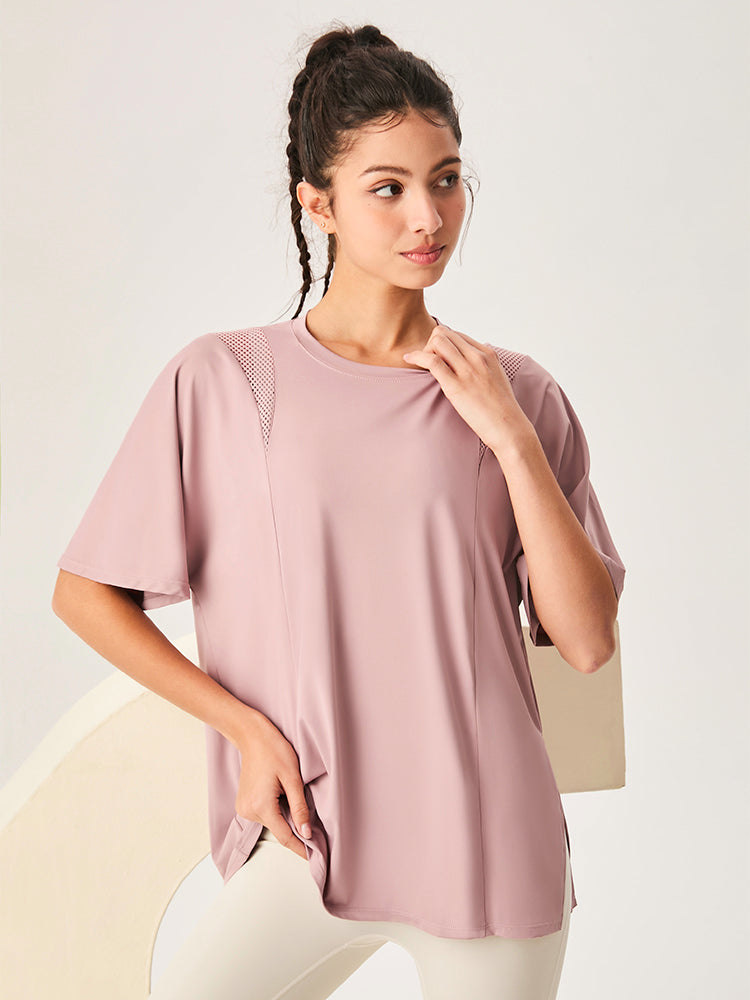 ゆったり ロング丈 半袖Tシャツ メッシュ切り替え