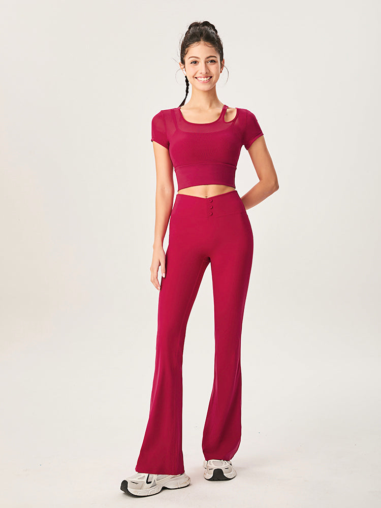 アシンメトリー 半袖 メッシュ切り替え ブラパッド付き フェイクレイヤード