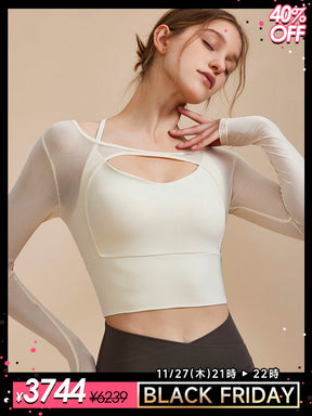 ホルターネック メッシュ切り替え ブラトップ長袖 フェイクレイヤード