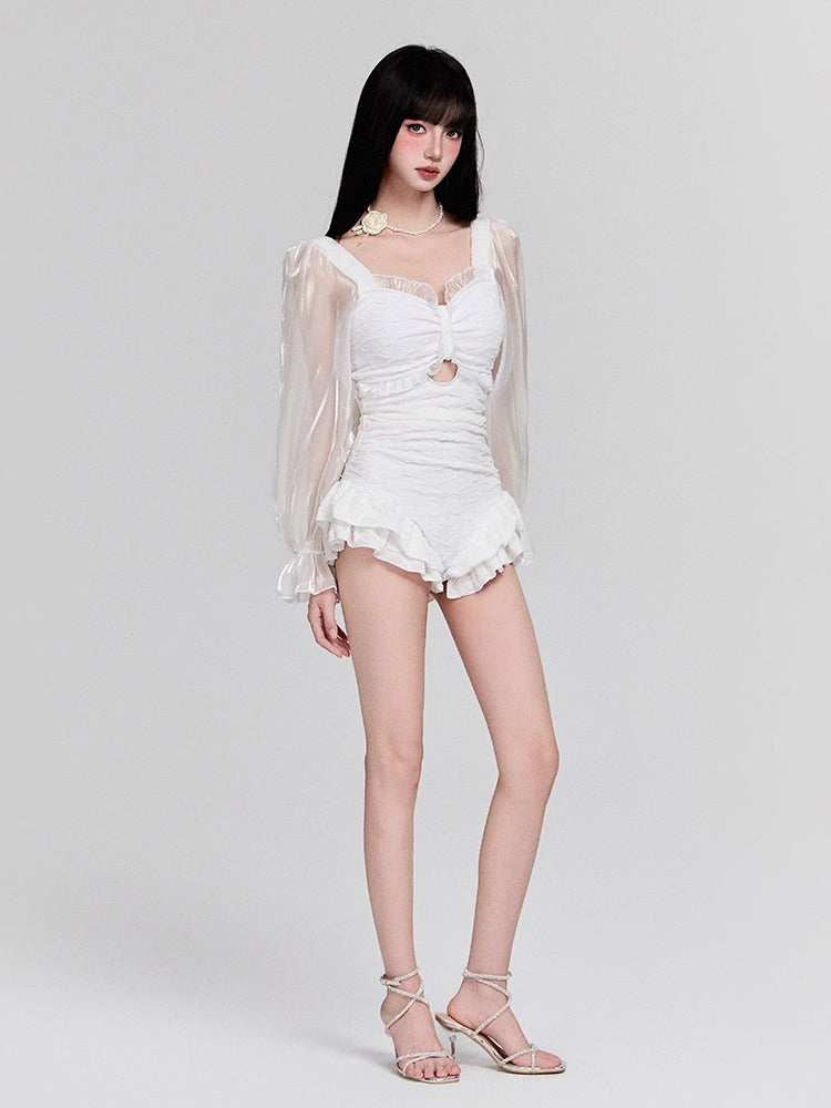 パフ長袖 フリルショーツ 露出控え ワンピース お洋服っぽい水着