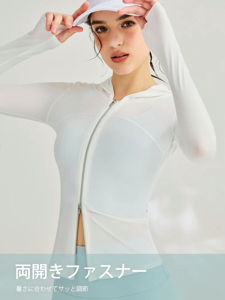 接触冷感  UVプロテクション  指穴付き  長袖  薄手 フード付きパーカー