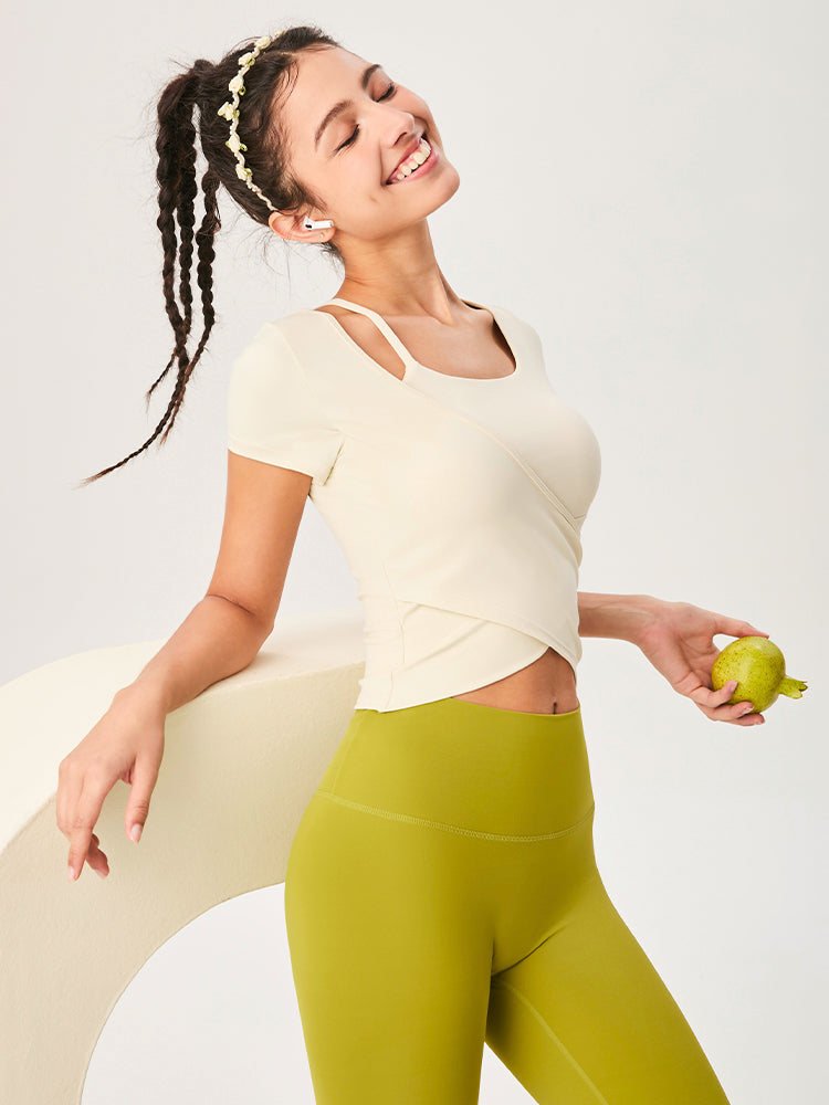 裾交差 アシンメトリー 半袖Tシャツ パッド付き