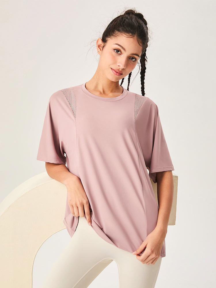 ゆったり ロング丈 半袖Tシャツ メッシュ切り替え