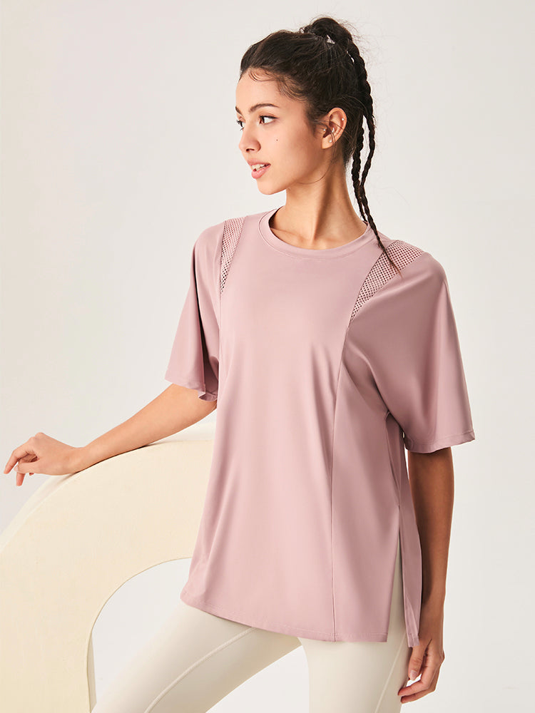 ゆったり ロング丈 半袖Tシャツ メッシュ切り替え