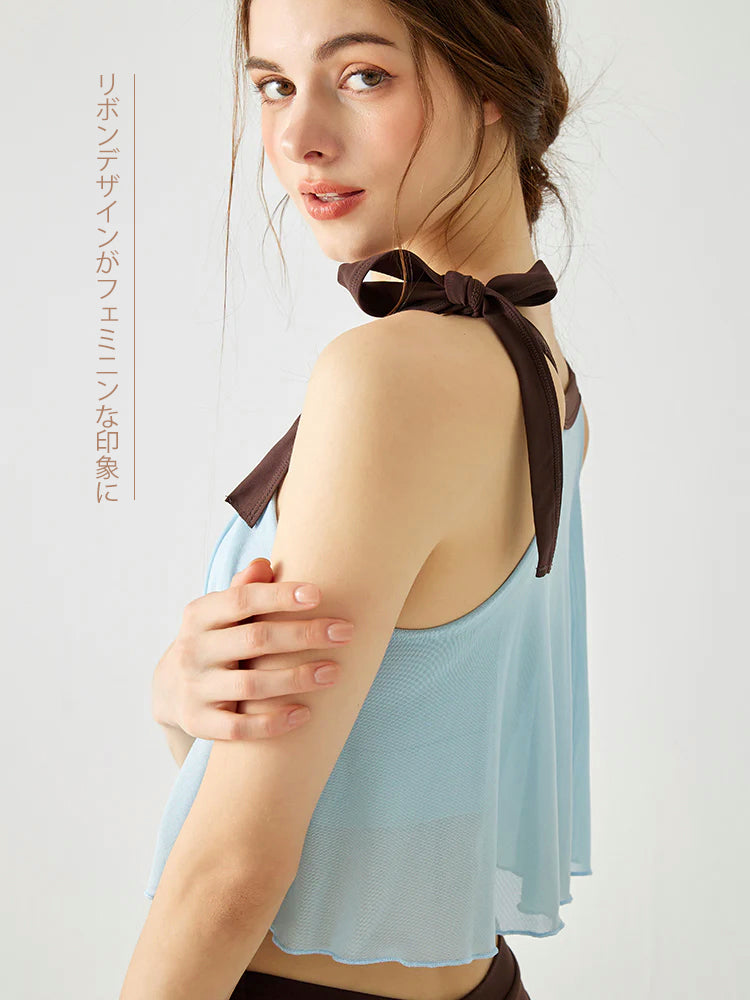 裾フリル メッシュ リボン付き ブラトップ