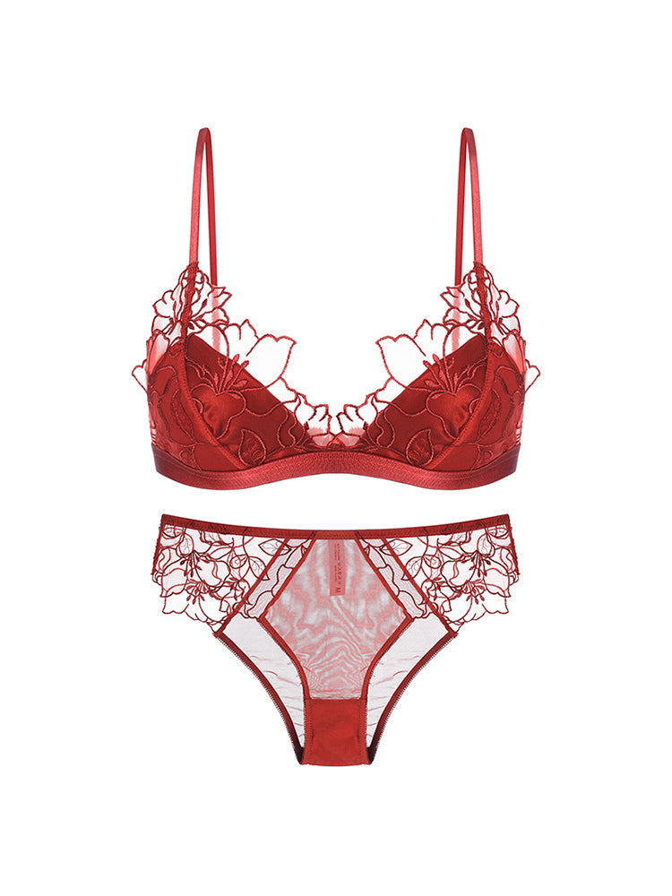 【ノンパテッド・ノンワイヤー】花咲く 刺繍レース三角カップ ブラ&ショーツセット