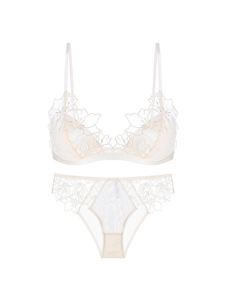 【ノンパテッド・ノンワイヤー】花咲く 刺繍レース三角カップ ブラ&ショーツセット