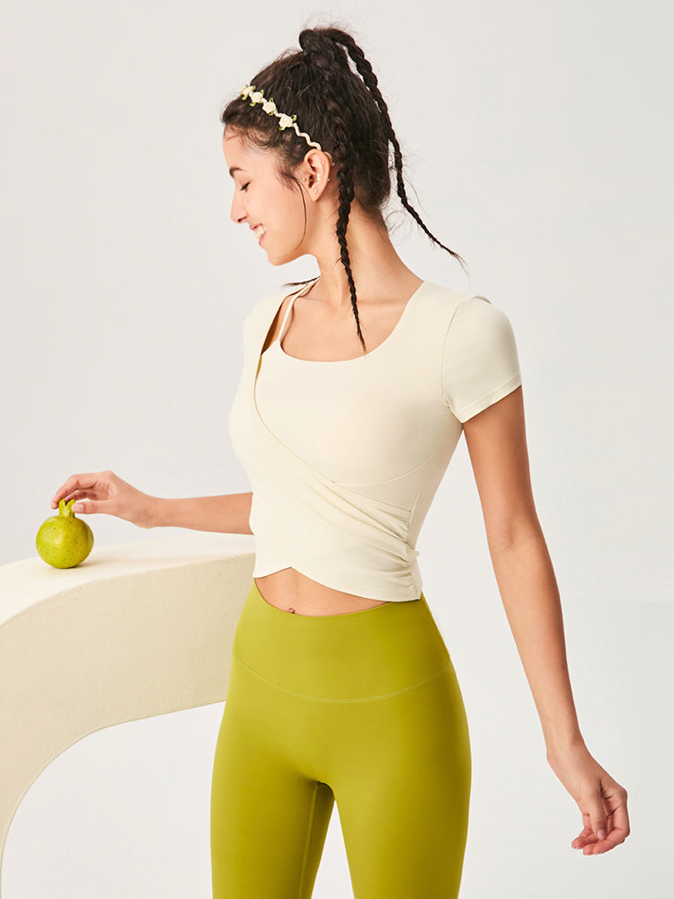 裾交差 アシンメトリー 半袖Tシャツ パッド付き