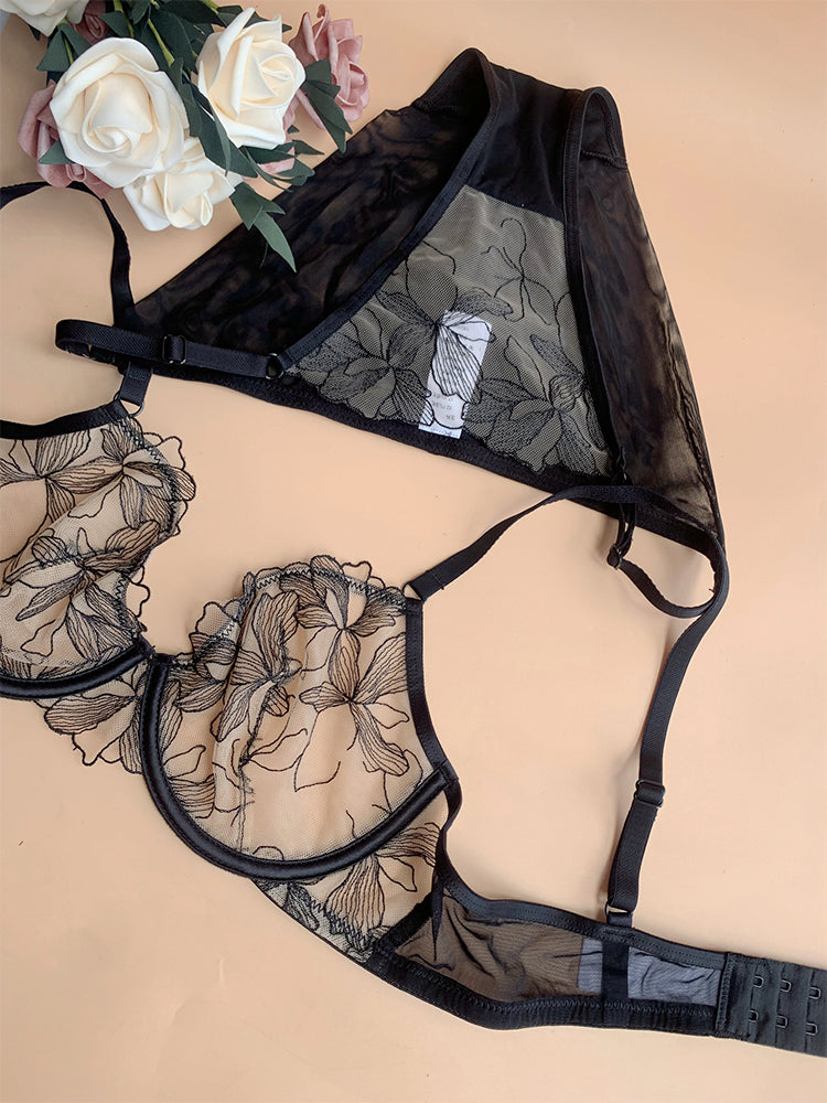 【ノンカップ・ワイヤー入り】大人セクシー 刺繍レースブラ&ショーツ