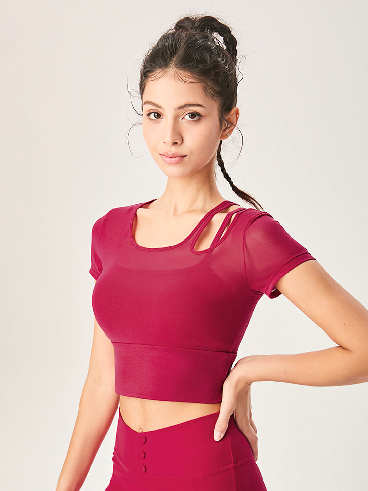 アシンメトリー 半袖 メッシュ切り替え ブラパッド付き フェイクレイヤード