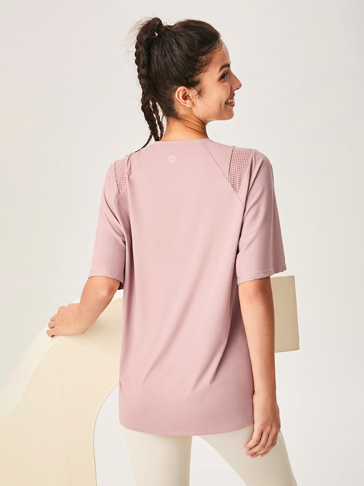 ゆったり ロング丈 半袖Tシャツ メッシュ切り替え