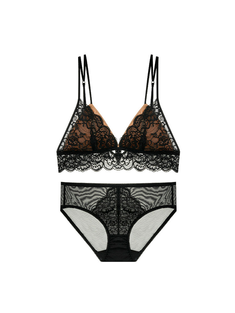【ノンワイヤー】軽い着け心地!ダブルストラップ総レースブラ&ショーツ