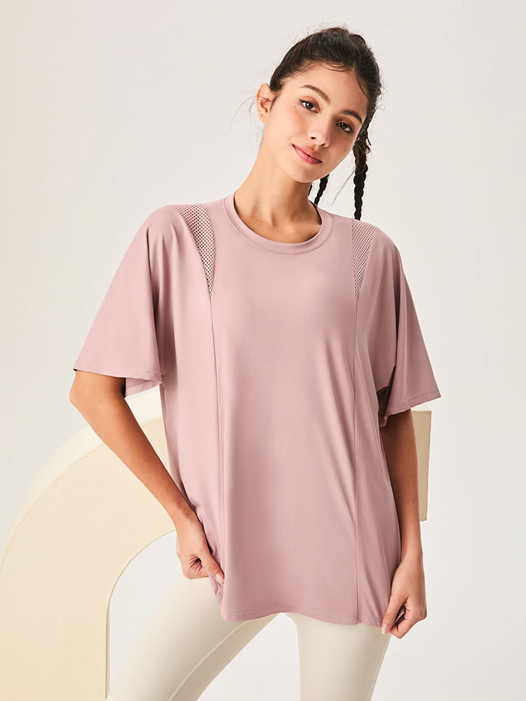 ゆったり ロング丈 半袖Tシャツ メッシュ切り替え