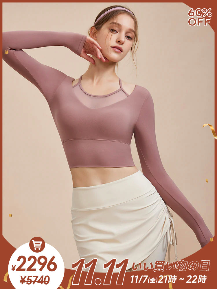 メッシュ切り替え フェイクレイヤード ブラトップ 長袖