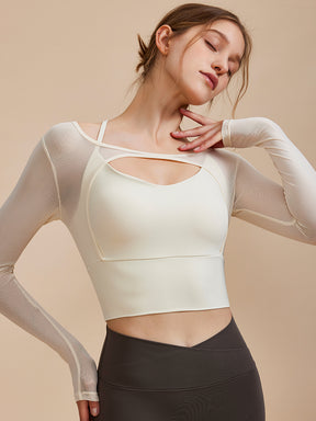 ホルターネック メッシュ切り替え ブラトップ長袖 フェイクレイヤード