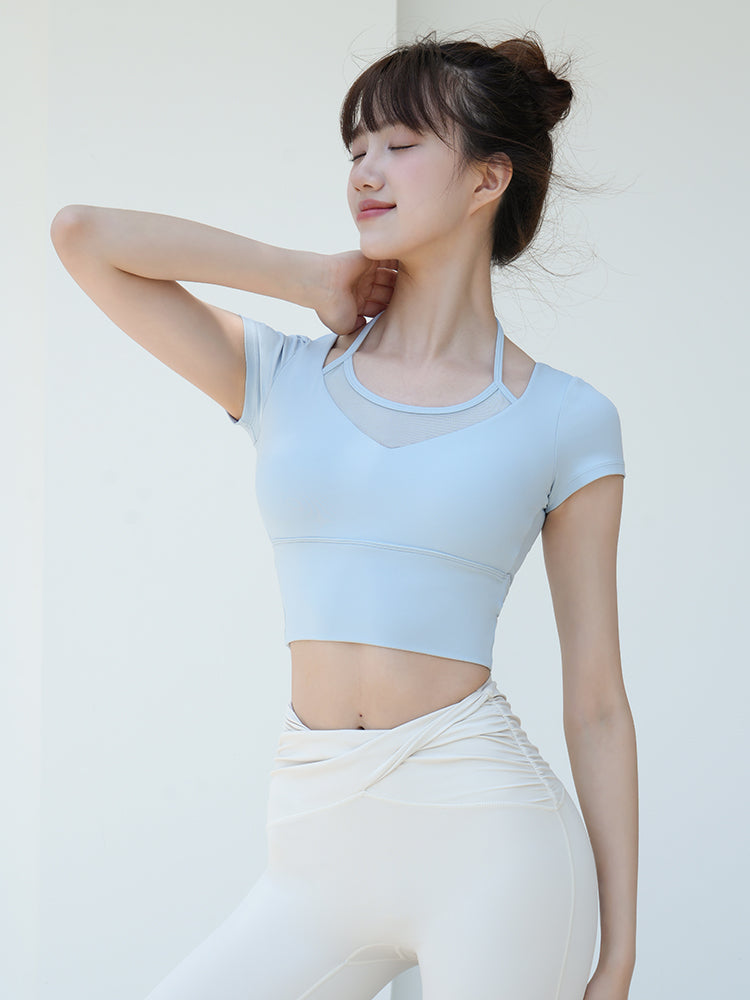 メッシュ切り替え フェイクレイヤード ブラトップ 半袖
