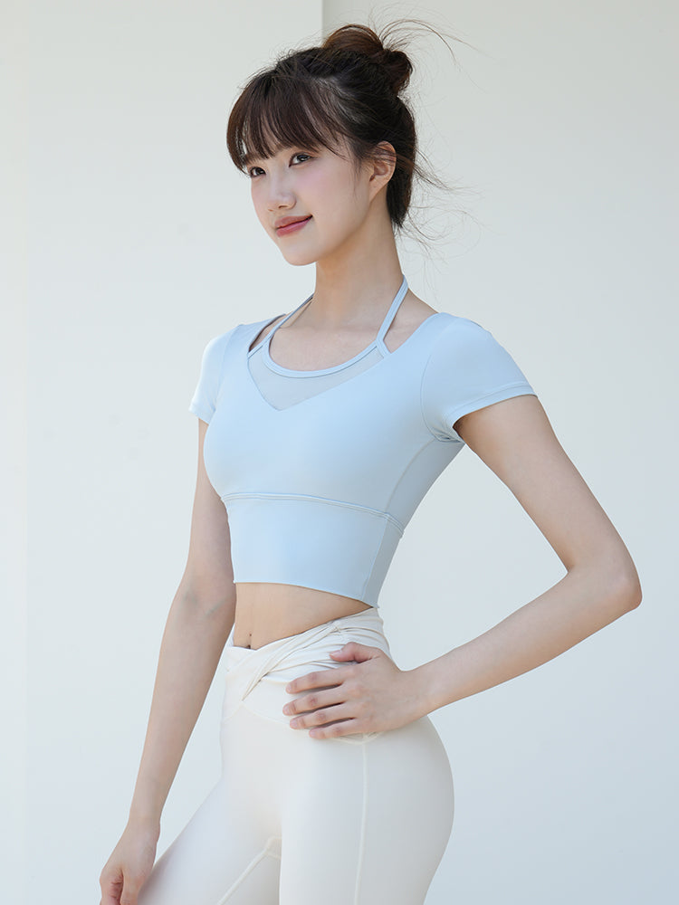 メッシュ切り替え フェイクレイヤード ブラトップ 半袖